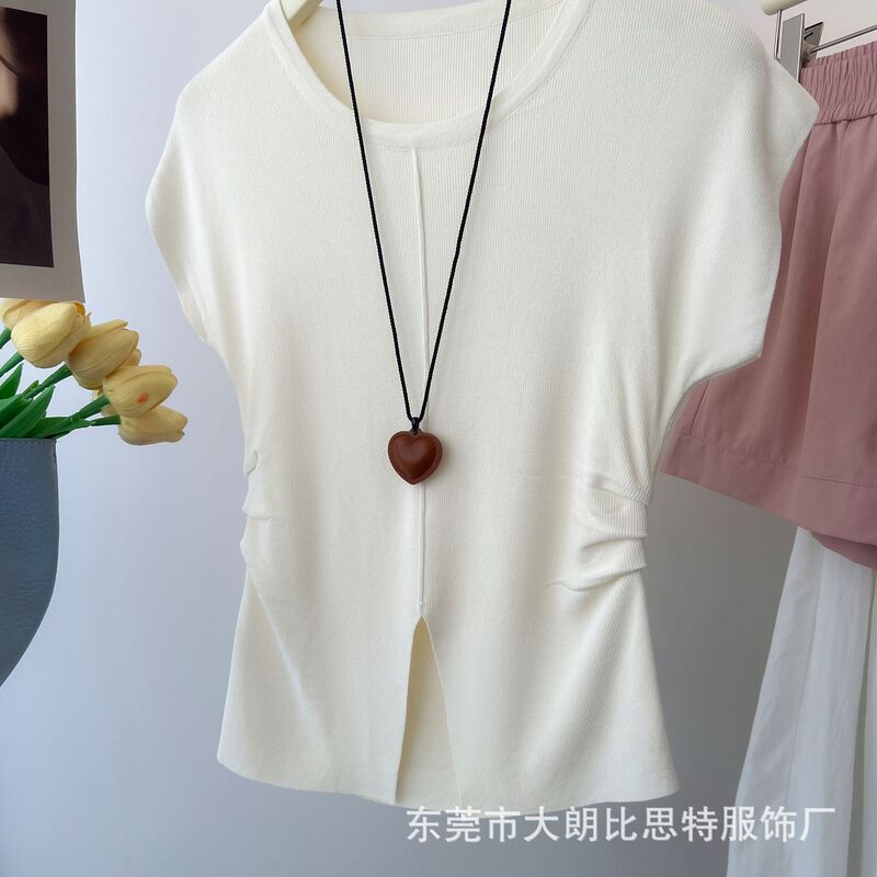 Knitted Sweater with Summer Pleated Design, French-Style Sleeveless, Waist-Cinching, New Slim-Fit, Slit, Versatile Top for Women Knitted Sweater with Summer Pleated Design, French-Style Sleeveless, Waist-Cinching, New Slim-Fit, Slit, Versatile Top for Women