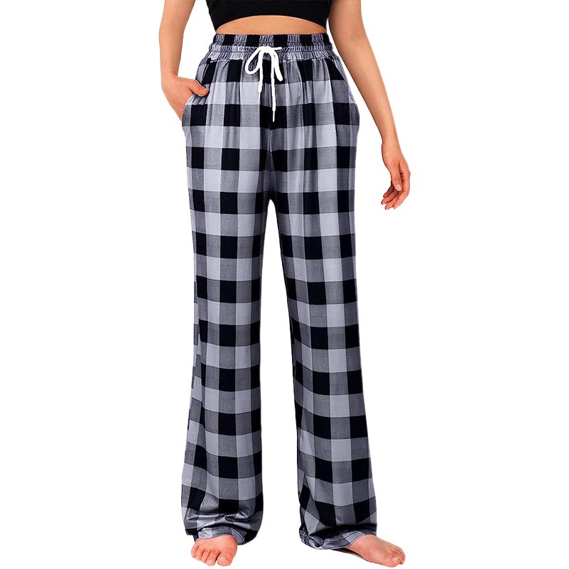 Pantalones casuales de pierna recta para mujer, estilo pijama, cómodos, con cordón elástico y estampado a cuadros, éxito de ventas transfronterizo en Amazon para otoño e invierno 2026