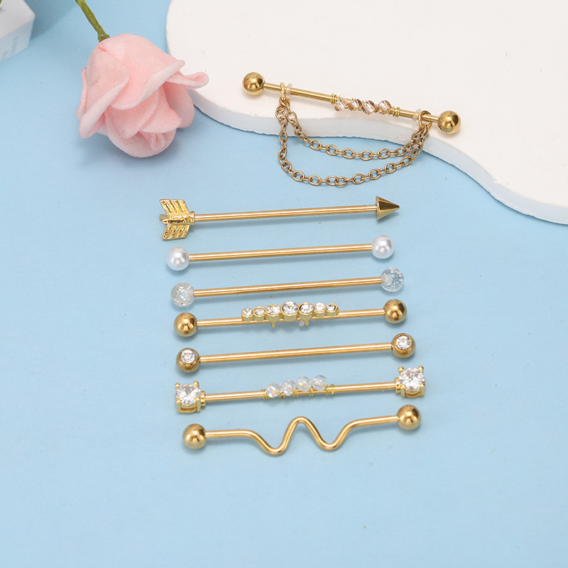 Amazon's Best Selling 8-Piece Stainless Steel Industrial Ear Studs Arrow Chain Piercing Jewelry Set detail image 7