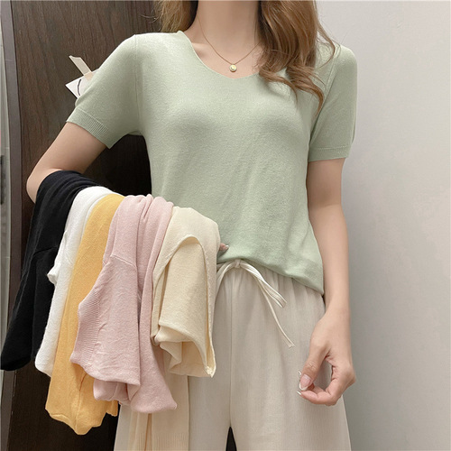 Summer solid color V-neck stylish loose thin casual cool feeling short sleeve women's knitted shirt