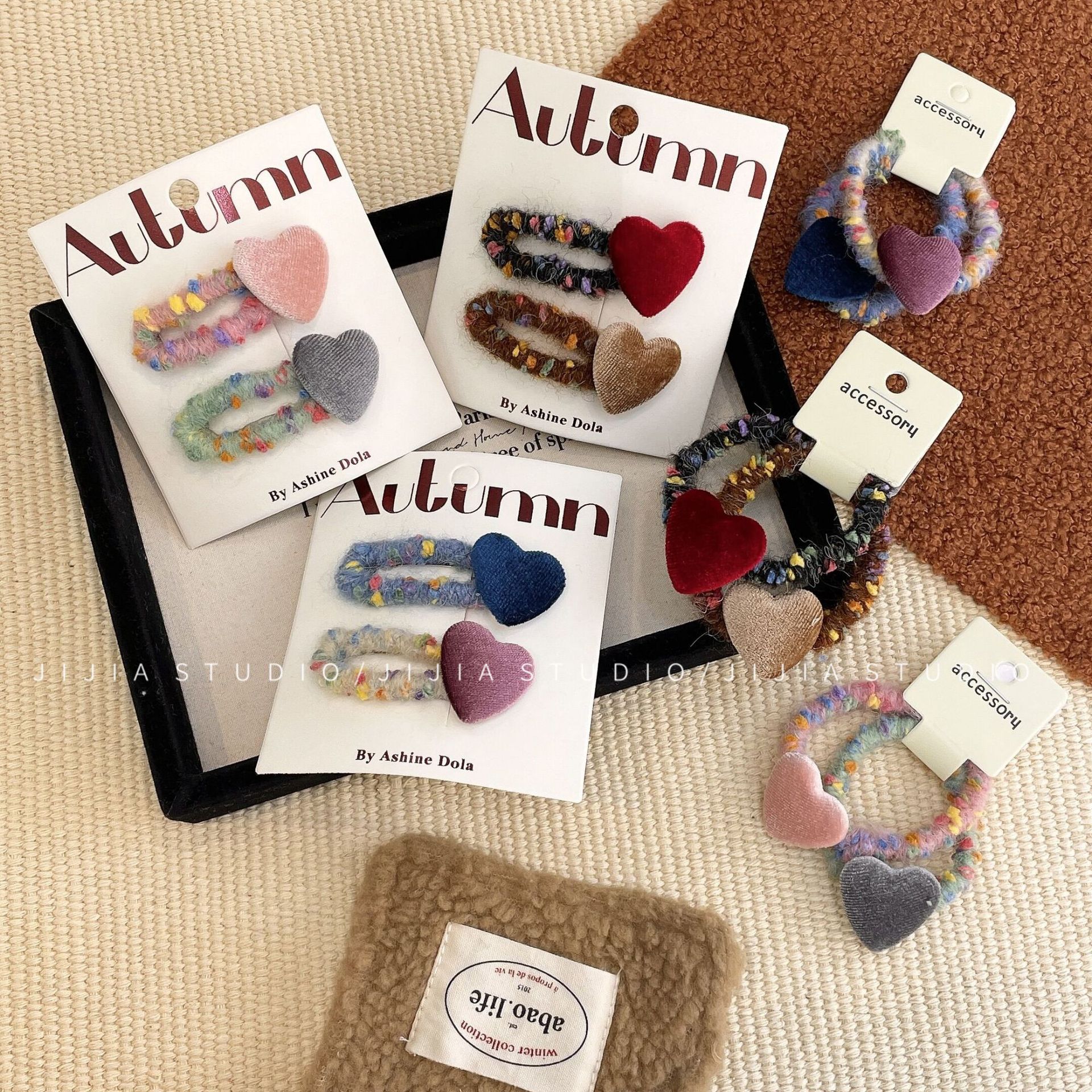 autumn and winter contrast color velvet love heart-shaped hairpin vintage wool does not hurt hair rope sweet side hairpin broken hair headdress