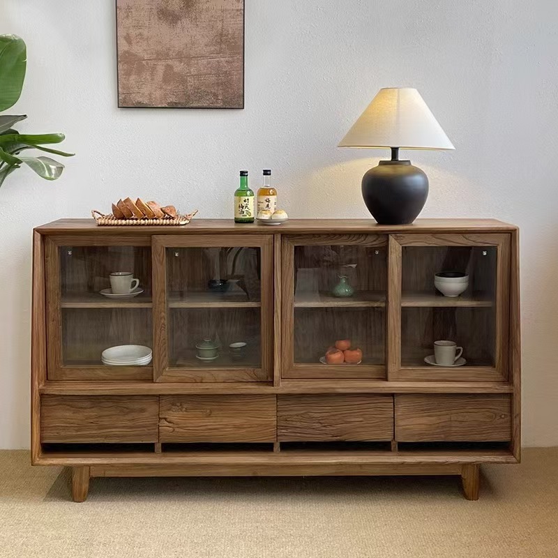 Old Elm Storage Cabinet Household Solid Wood Sideboard Wall Tea Cabinet B&B Multi-Grids Dust-Proof Storage Cabinet Storage Cabinet