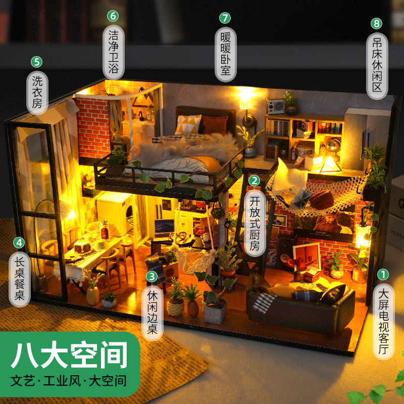 Casita DIY, modelo de casa hecha a mano, paisaje en miniatura de madera ensamblado, juguetes educativos para niños, regalo de cumpleaños con luces