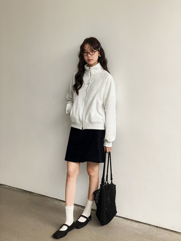 【登机私服】歌铭纯色简约立领双拉链卫衣女秋季新款短外套W564C|undefined