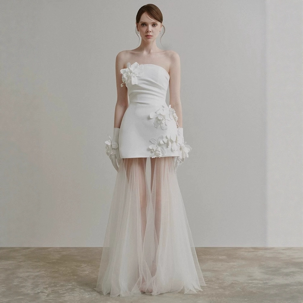 Satin Travel Photography Light Wedding Dress Strapless Short Bridal Gown for Marriage Registration Engagement Fairy White Dress