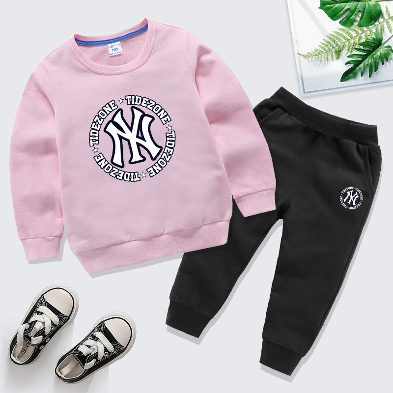 粉红色上黑下NY卫衣套装