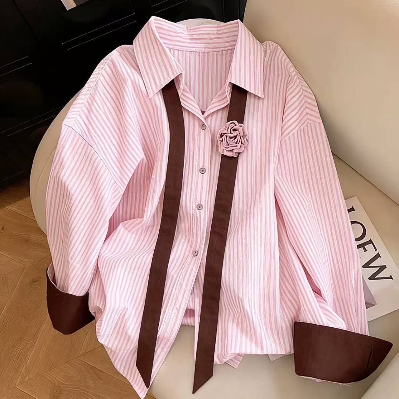 Stylish Color-Block Striped Collared Shirt for Women, 2026 Spring/Summer New Loose Casual Layered Long-Sleeve Blouse