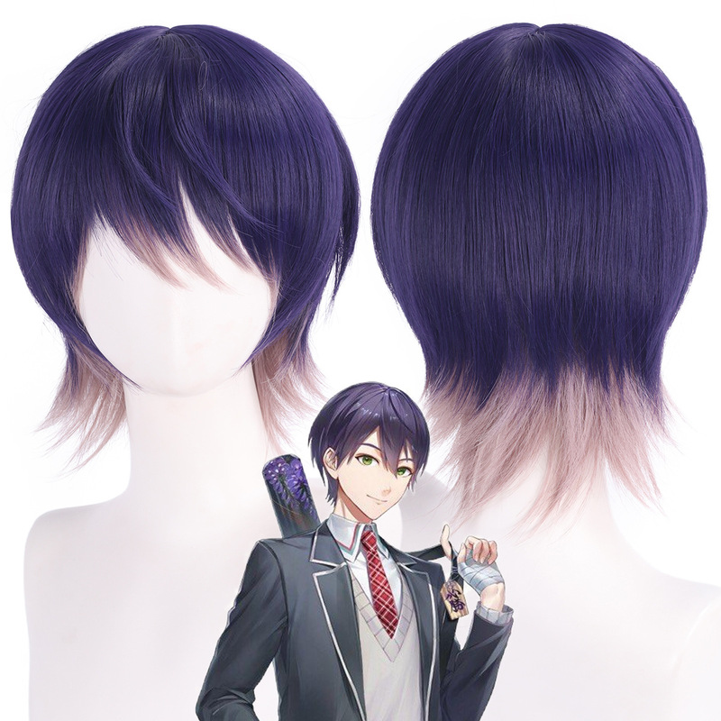 Main Santa Sword/ Knife-Wielding Vtuber Rainbow Society Purple Reverse Curly Short Hair Cosplay Wig