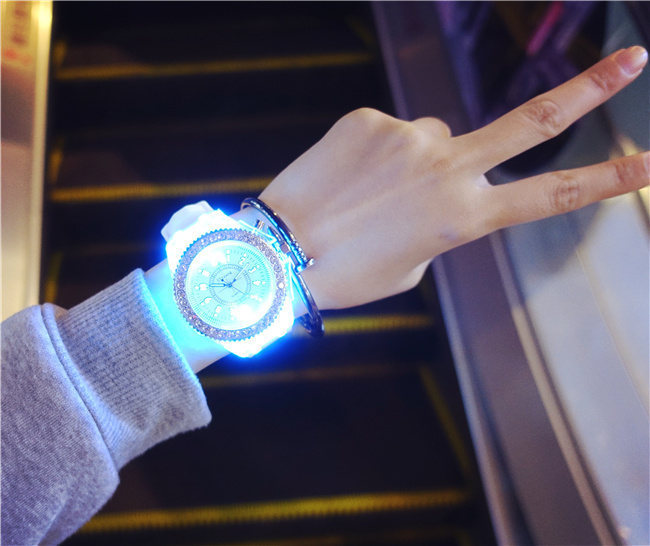 Luminous luminous personality rhinestone led Harajuku Korean fashion trend men and women students couple jelly quartz watch_voghion.com