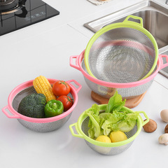 Home Thickened Stainless Steel Drain Basket Double-Ear Fruit and Vegetable Washing Basin Set Filter Basin Kitchen Dense Hole Manufacturer Wholesale