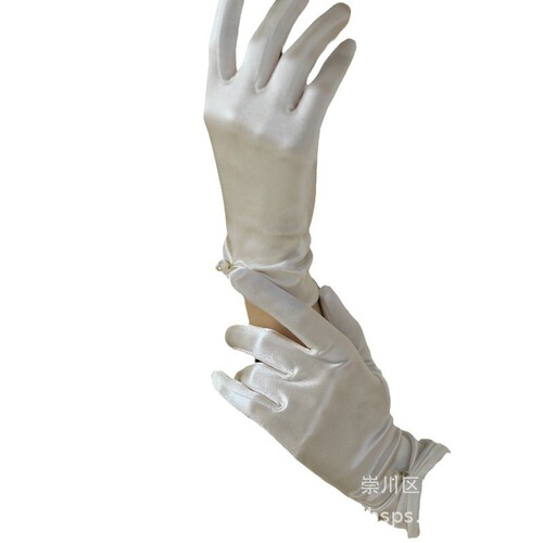 Simple Summer Sun Protection Gloves, Thin Sheer Short Model Satin Wedding Dress, Bridesmaid White Elastic Pearl Gloves