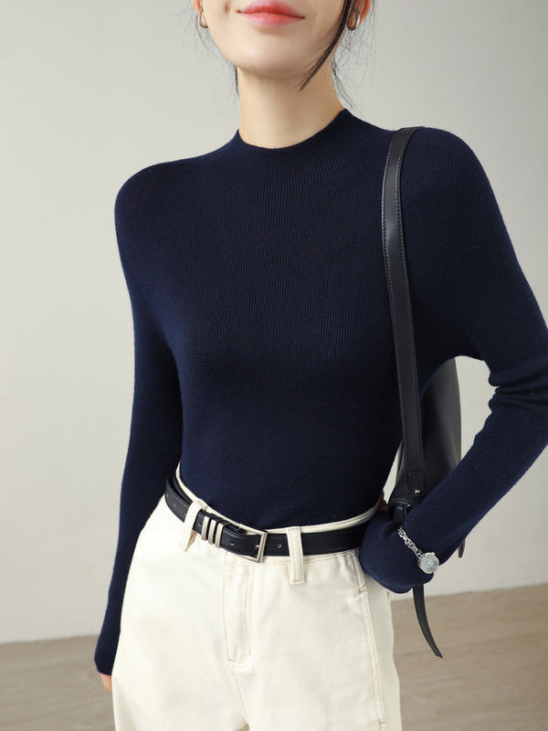 Silk Deep Navy Blue Fine-Spun Wool Seamless Half-Turtleneck Knit Sweater for Women 2025 Autumn/Winter Slim Fit Base Layer Top