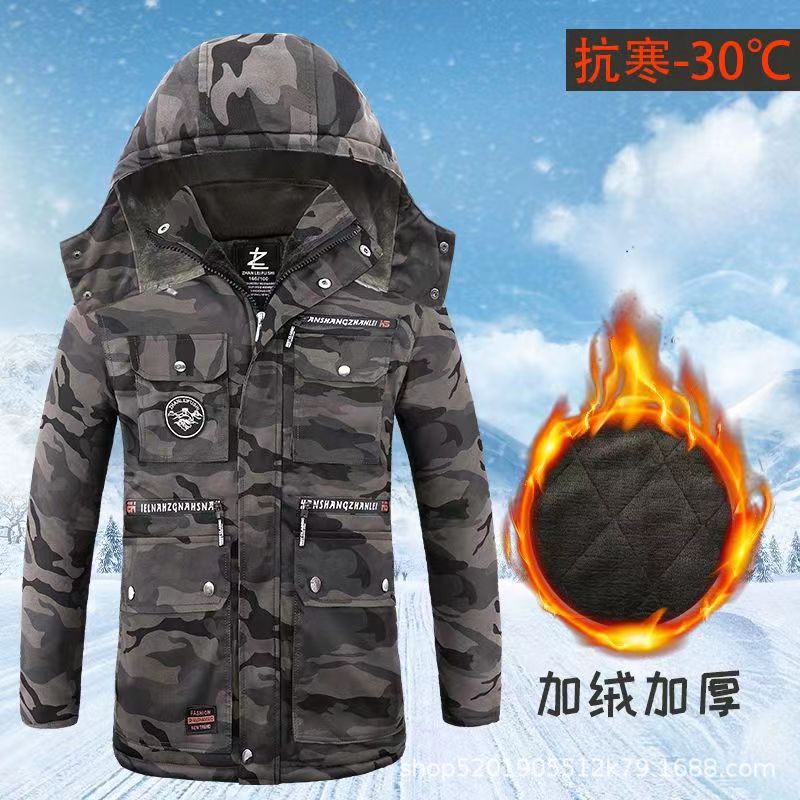 Invierno militar verde agua lavada ropa de algodón con sombrero de vello, ropa de algodón caliente, ropa de algodón de bolsillo, ropa de algodón de protección contra el frío