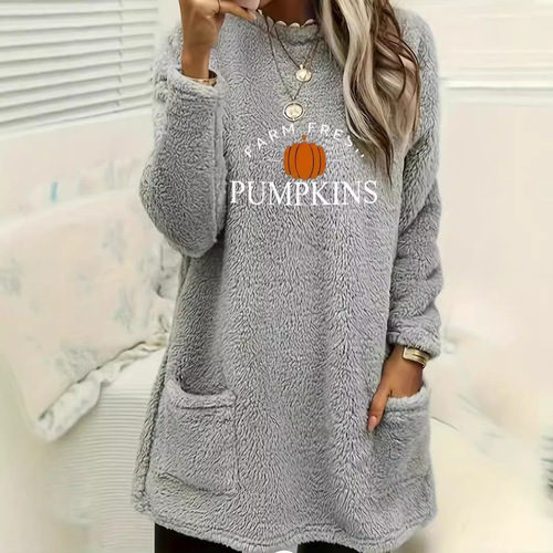 Women's New European and American Style Iron-on Transfer Print Round Neck Loose Long Sleeve Pocket Plush Hoodie
