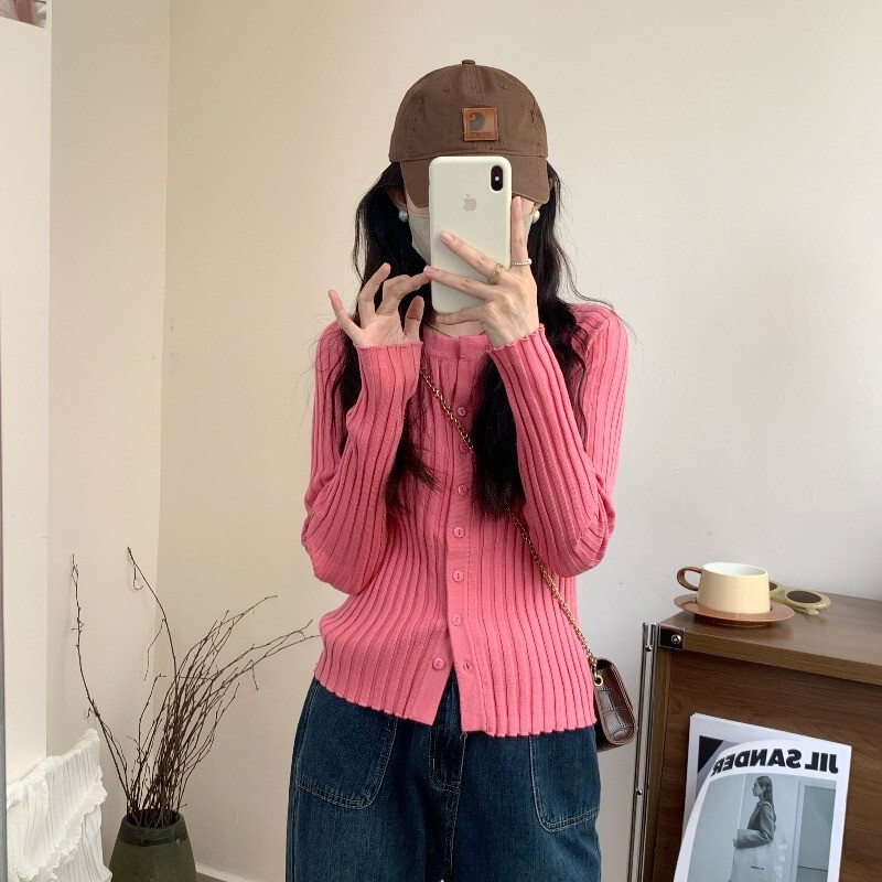 Solid Color Ribbed V-Neck Knitted Cardigan for Women, New Autumn and Winter Dopamine Style, Slim Fit, Inner Layer Sweater