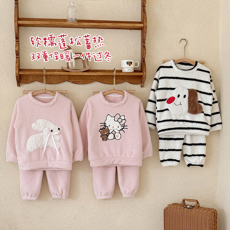 Bread Rabbit Warm Cartoon Rice Velvet Children's Home Clothes Set Autumn and Winter New Round Neck Children's Pajamas and Pajamas