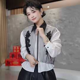 厂家直销26春新设计感蕾丝刺绣拼接翻领长袖女宽松显瘦通勤上衣潮