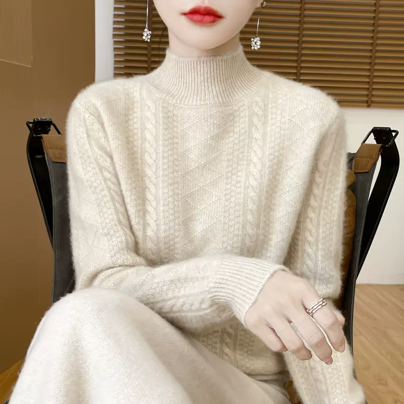 2025秋冬季新款100纯羊毛衫女加厚扭花半高领宽松羊绒打底衫毛衣