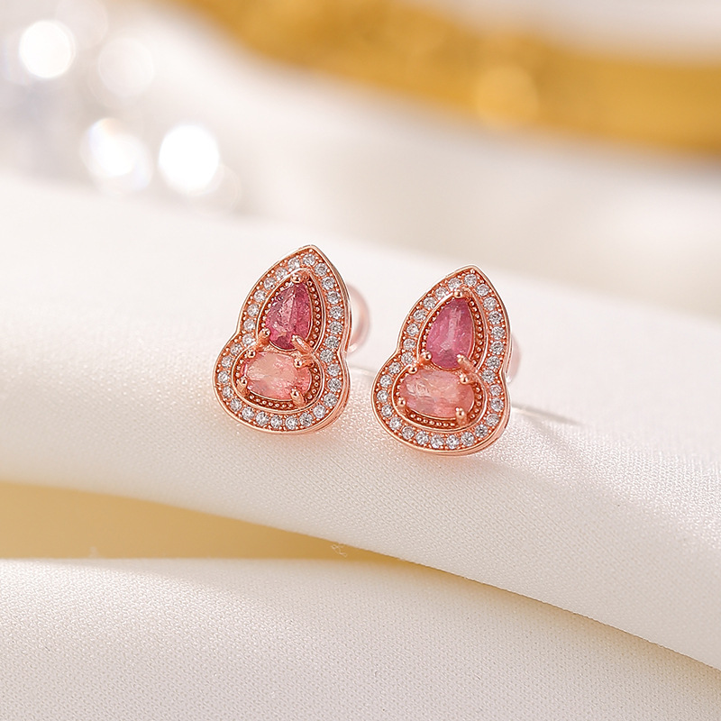 Bông tai bạc S925 mạ vàng hồng đính đá tourmaline hình quả hồ lô lấp lánh — Một cặp (màu tourmaline ngẫu nhiên)