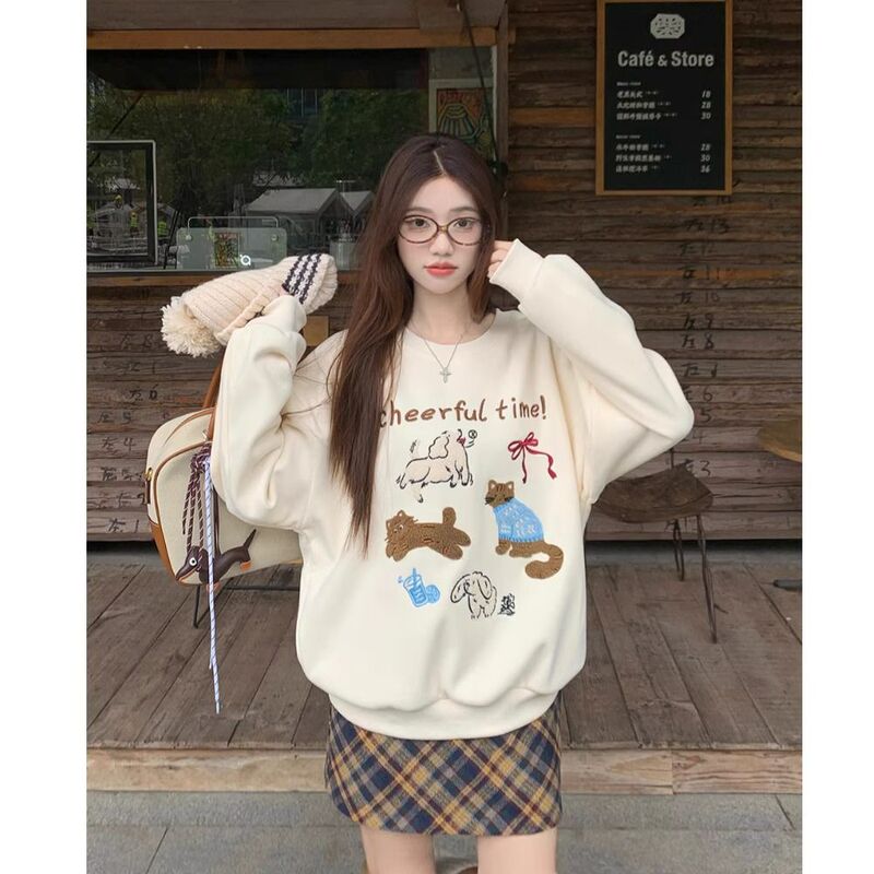 Korean-Style Embroidered Hooded Round-Neck Pullover Sweatshirt for Women, Early Autumn Thin Loose Fit, Casual Long-Sleeve Top Trendy