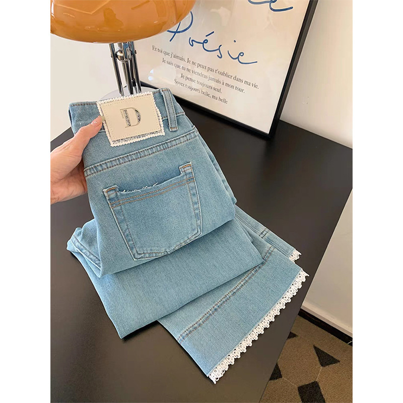 light blue Lace Jeans Women's Summer New plus size Pear-Shaped Body Stretch Slimming Wide-Leg Straight Cropped Pants light blue Lace Jeans Women's Summer New plus size Pear-Shaped Body Stretch Slimming Wide-Leg Straight Cropped Pants