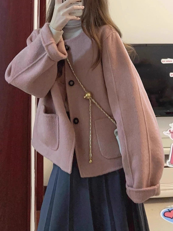 粉色多巴胺甜美风毛呢短款外套女2025年秋冬新款复古宽松呢子大衣|undefined