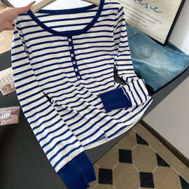 韩系撞色条纹V领防晒冰丝长袖T恤女夏季绝美漂亮外搭空调罩衫上衣