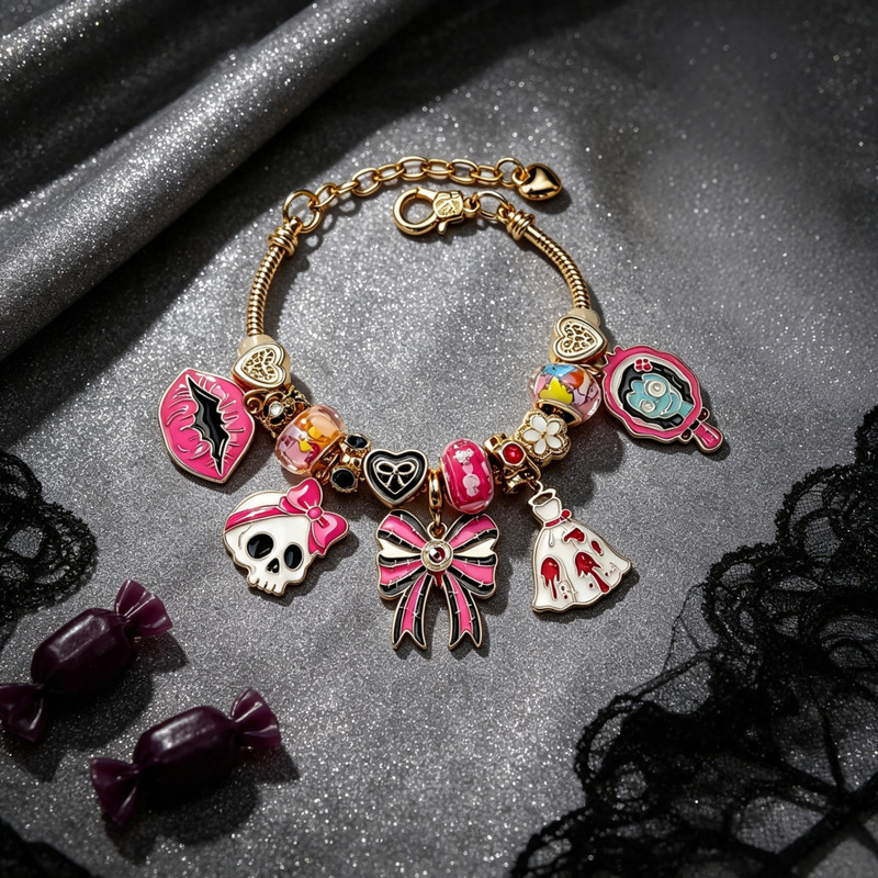 Halloween quirky DIY bracelet with zombie, wedding dress, skull, bow, lips, oil drop pendant, holiday hand accessory