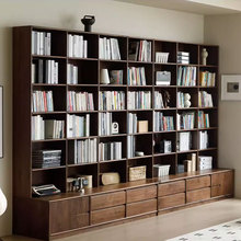 北欧实木黑胡桃木书柜满墙落地带卡座书架组合现代简约格子置物架