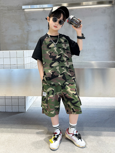 Boy's Summer Camouflage Outfit  New Children's Summer Short Sleeve Street Style Cool Trendy Medium/Large Youth Military Training Fashion