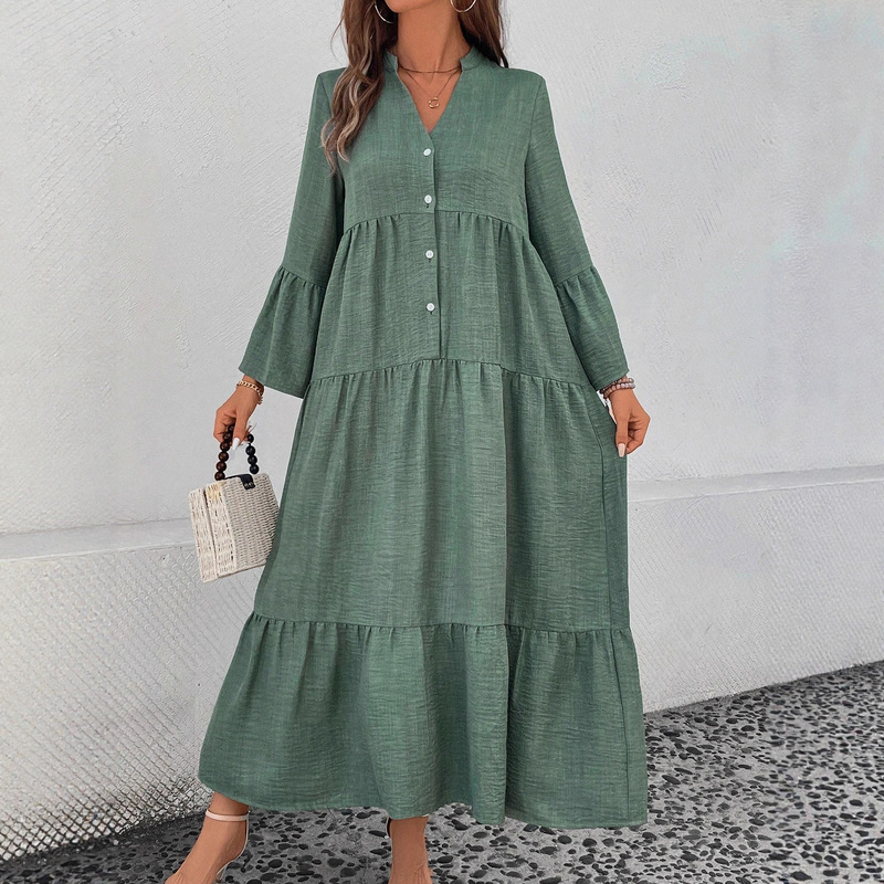 2025 Autumn and Winter New Cross-Border Women's Clothing New V Neck Long-Sleeved Multi-Layer Pleated Loose Splicing Texture Women's Dress
