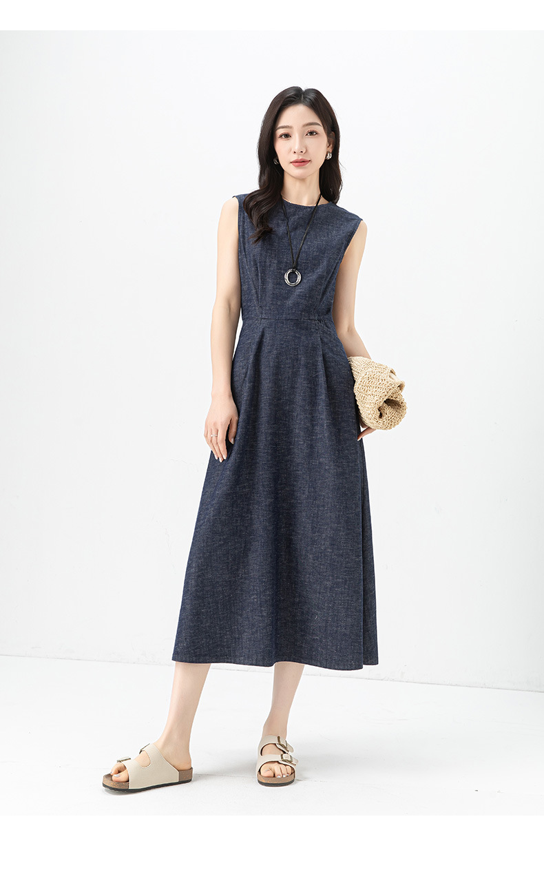 Đầm denim nữ không tay cổ tròn thắt eo dáng midi — Xanh da trờicolor chi tiết 28