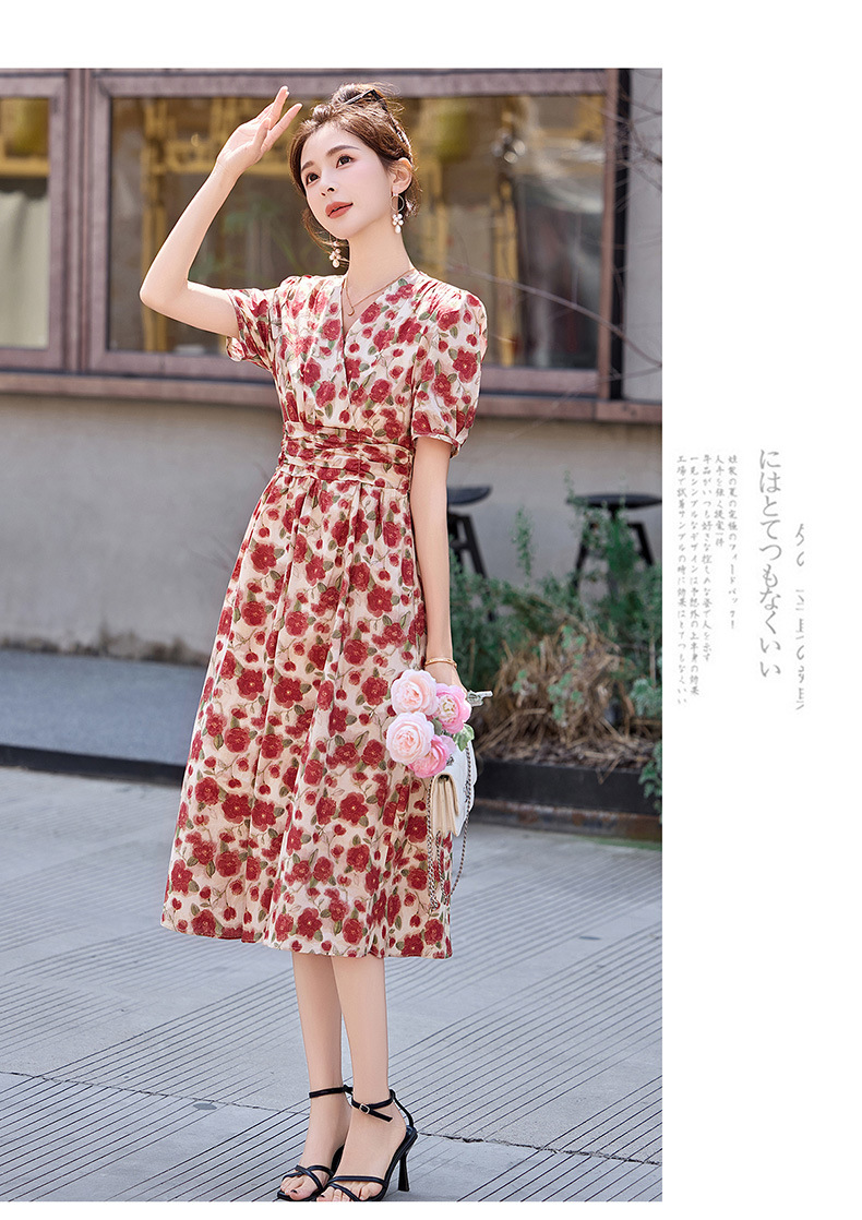 Đầm maxi nữ thắt eo cổ V in họa tiết thanh lịch — màu đỏ chi tiết 16