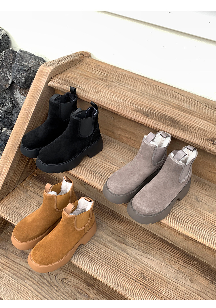 Boot Chelsea nữ da dê lót lông cừu đế dày platform ấm mùa đông — màu đen chi tiết 22