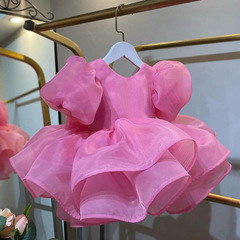 女童禮服泡泡袖公主裙中小童蓬蓬紗後背蝴蝶結寶寶一周歲生日禮服