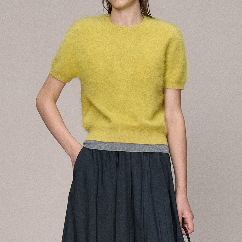 CHAN Luxurious Custom-Woven Washed Fleece Mountain Cloud Soft Feel Round Neck Short Sleeve Sweater 2026 Autumn New Model