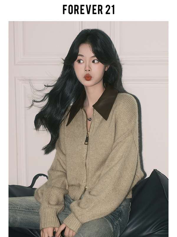 Forever21慵懒卡其色翻领针织开衫上衣女ins宽松软糯休闲毛衣外套|undefined