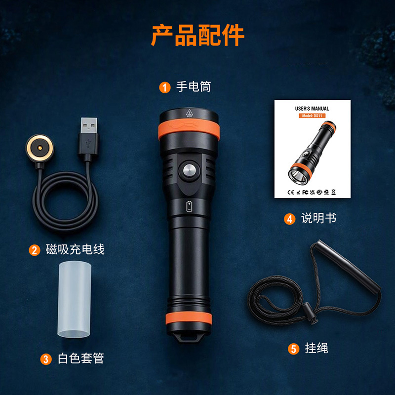 New Cross-Border Magnetic Charging Diving Flashlight with Green Laser for Underwater Guidance, Training, and Photography Lighting