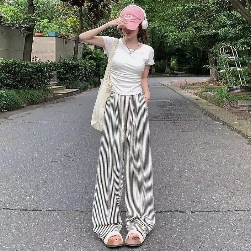 (2개) 여름 얇은 게으른 스타일 흑백 줄무늬 느슨한 슬리밍 빈티지 예술적 코튼 리넨 착용 가능한 모든 매치 와이드 다리 바지