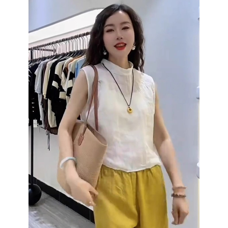 法式无袖衬衫上衣女士2025年夏季新款宽松高级感苎麻小衫衬衣女装|undefined