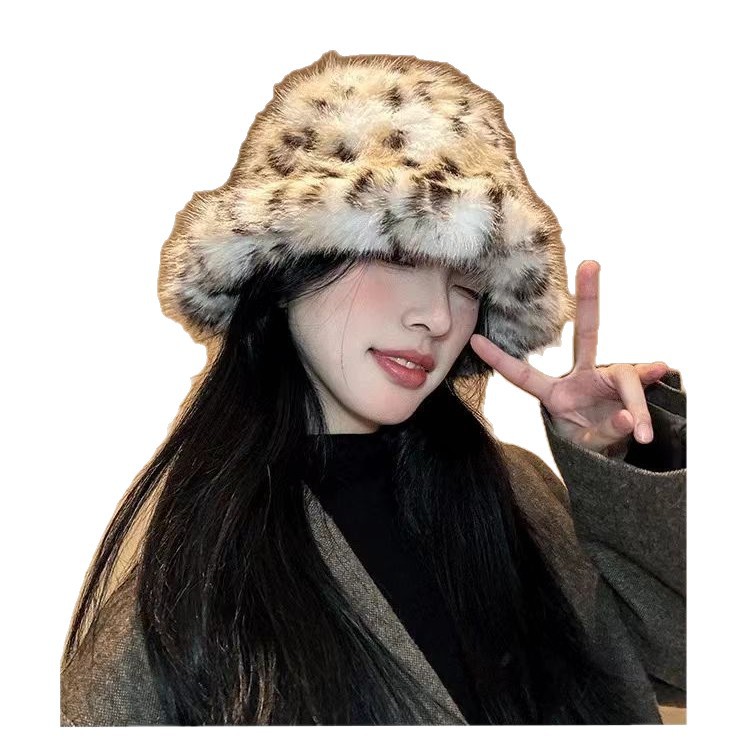 Cappello da pescatore coreano Ins Blogger Fever, stesso stile, autunno inverno, nuovo modello leopardato, in peluche, che snellisce il viso_voghion.com