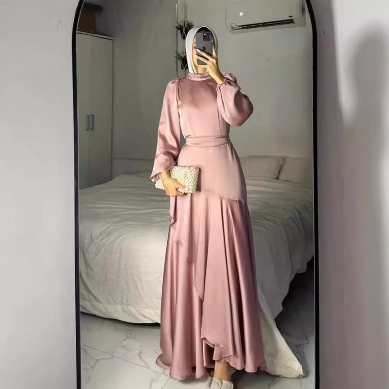 European and American Amazon Cross-Border Foreign Trade Women's Clothing Satin Solid Color Ruffled Large Hem Tie-Up Dress European and American Amazon Cross-Border Foreign Trade Women's Clothing Satin Solid Color Ruffled Large Hem Tie-Up Dress