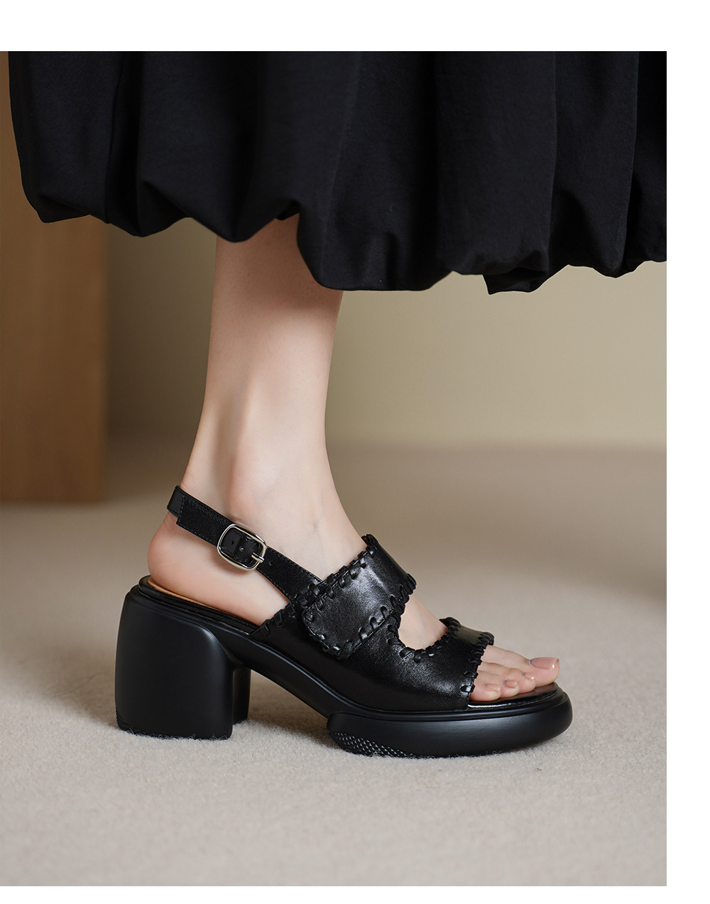 Sandal cao gót nữ hở mũi da bò gót vuông 8 cm đế dày — đen chi tiết 5