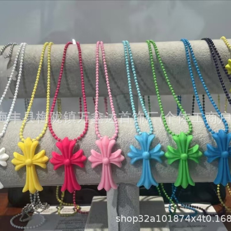Chcrow New Colorful Trendy Colorful Resin Cross Rubber Necklace Trendy Hip-Hop High-End Sweet and Cool
