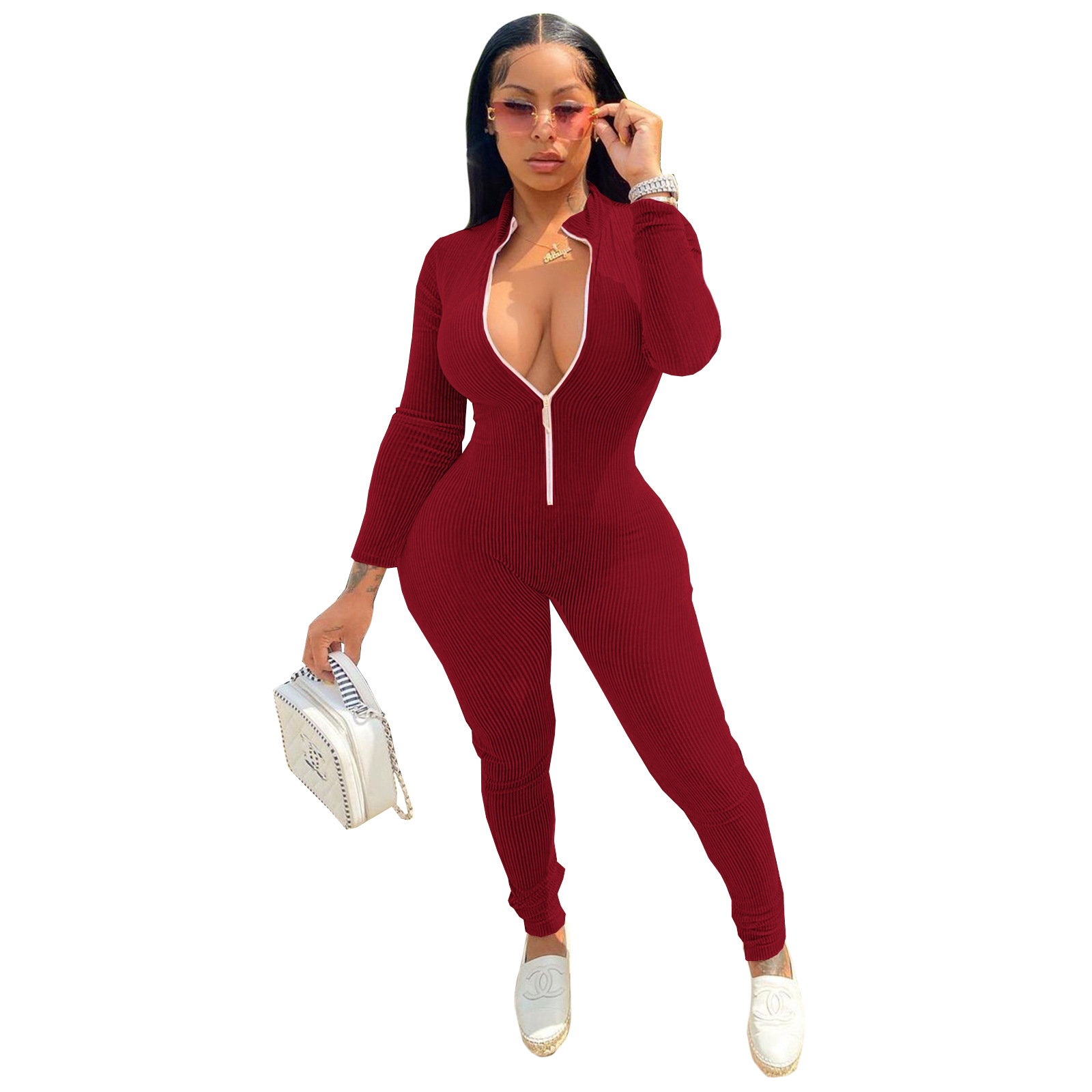 Corduroy Hole Strip Solid Color Multicolor Long Sleeve Zipper Jumpsuit Nihaostyles wholesale clothing vendor NSMDJ75072