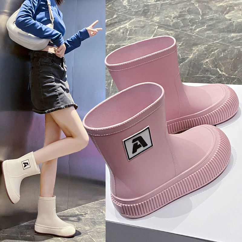 Резиновые сапоги, женские модные Нескользящие водонепроницаемые ботинки в стиле преппи, резиновые сапоги до середины икры, водные сапоги в Корейском стиле, кухонная резиновая обувь, верхняя одежда на флисовой подкладке