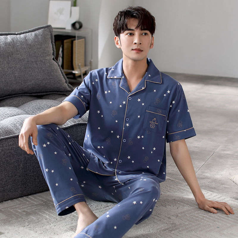 Pajamas de algodón para hombres de verano Cardigan de mangas cortas pantalones largos delgados set de ropa de hogar grande