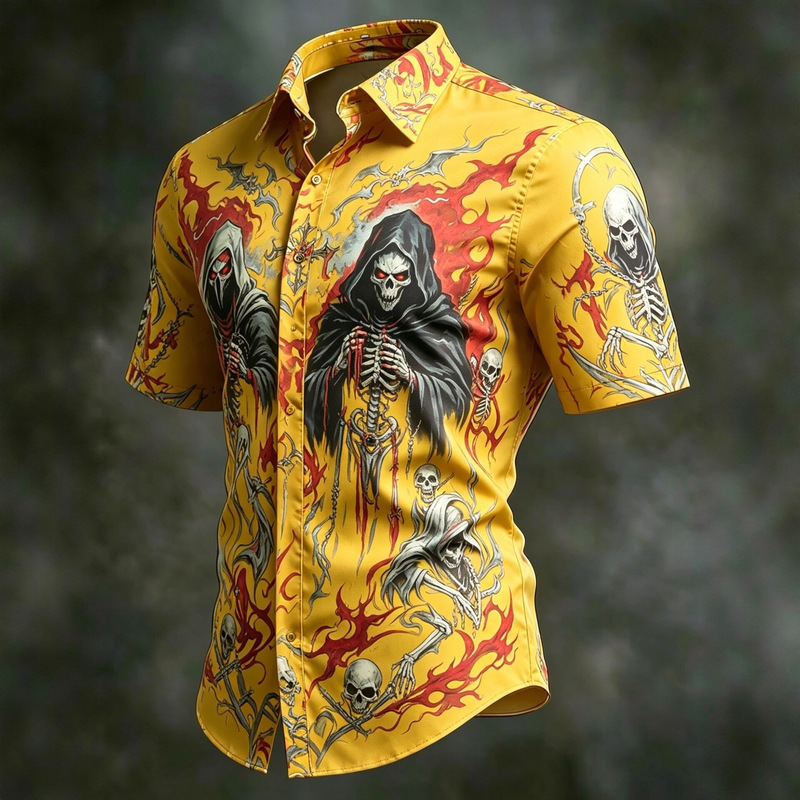Cross-Border Men's Dark Death Skull 3D Printed Shirt Halloween Shirt Men's Short-Sleeved Shirt Manufacturer Wholesale Cross-Border Men's Dark Death Skull 3D Printed Shirt Halloween Shirt Men's Short-Sleeved Shirt Manufacturer Wholesale