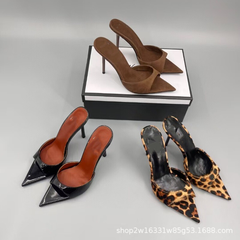 Pointed-Toe Simple Stiletto Heel Slippers for Women 2025 Genuine Leather Versatile Open-Toe Slip-On Sandals Ultra-High Heel Thong Sandals