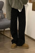 气质高街风美式黑碎花波点图案牛仔裤女春季高腰显瘦阔腿裤直筒裤